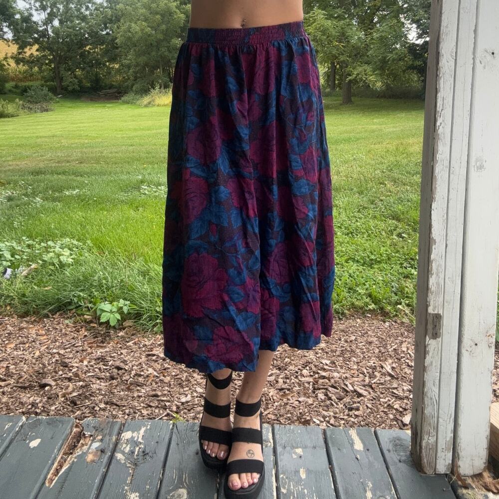 Vintage 80s Briggs Floral Midi Skirt Magenta Blue Size Small Dark Academia Boho